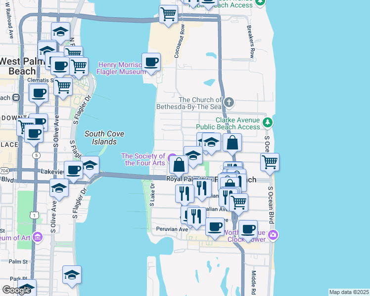 map of restaurants, bars, coffee shops, grocery stores, and more near 418 Seaspray Avenue in Palm Beach