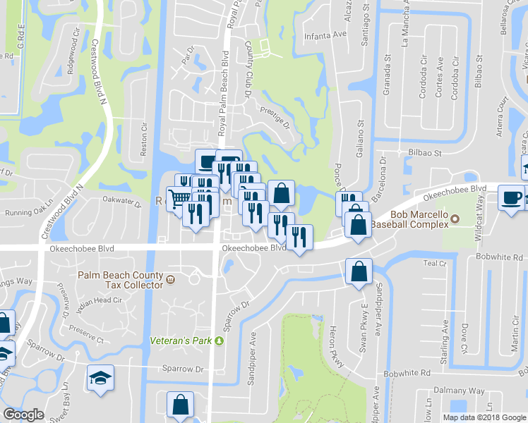 map of restaurants, bars, coffee shops, grocery stores, and more near 1703 Lakeview Drive West in Royal Palm Beach