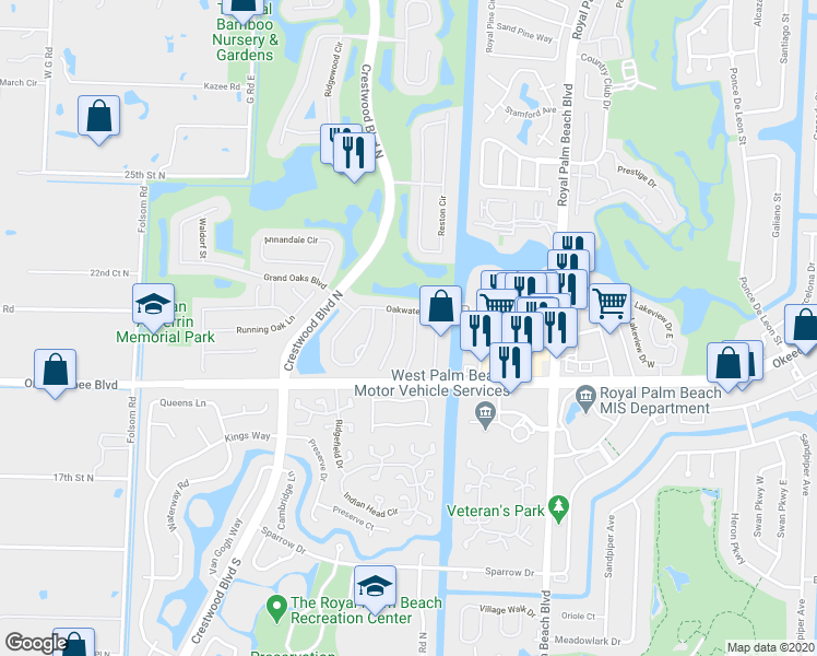 map of restaurants, bars, coffee shops, grocery stores, and more near 1321 Isleworth Court in Royal Palm Beach