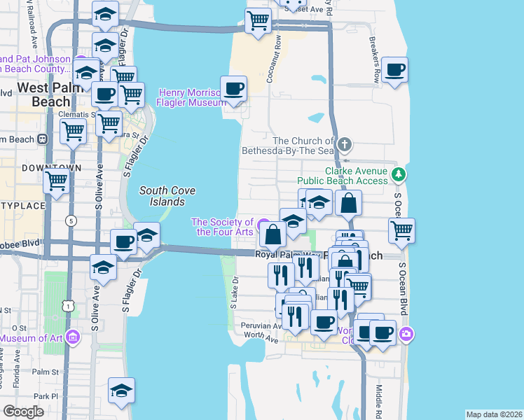 map of restaurants, bars, coffee shops, grocery stores, and more near 418 Seaspray Avenue in Palm Beach