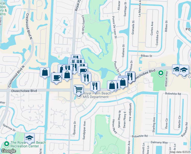 map of restaurants, bars, coffee shops, grocery stores, and more near 902 Lakeview Circle in Royal Palm Beach