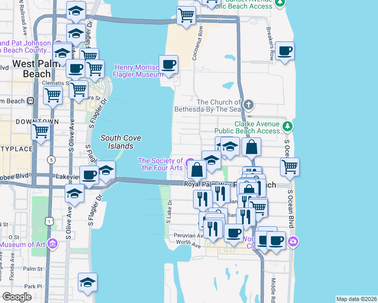 map of restaurants, bars, coffee shops, grocery stores, and more near 425 Seaspray Avenue in Palm Beach