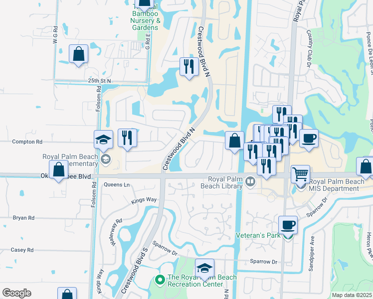 map of restaurants, bars, coffee shops, grocery stores, and more near 1190 Oakwater Drive in Royal Palm Beach
