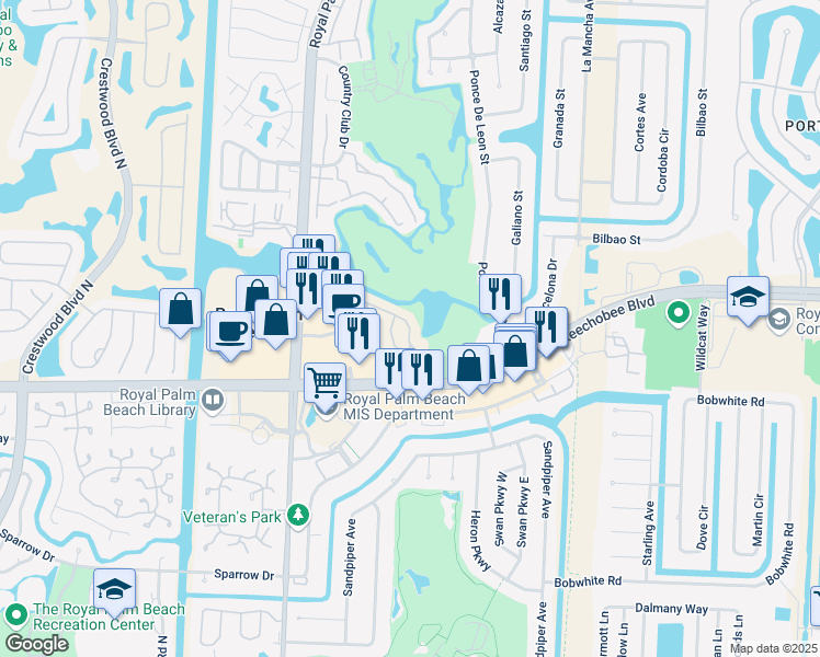 map of restaurants, bars, coffee shops, grocery stores, and more near 404 Lakeview Drive East in Royal Palm Beach