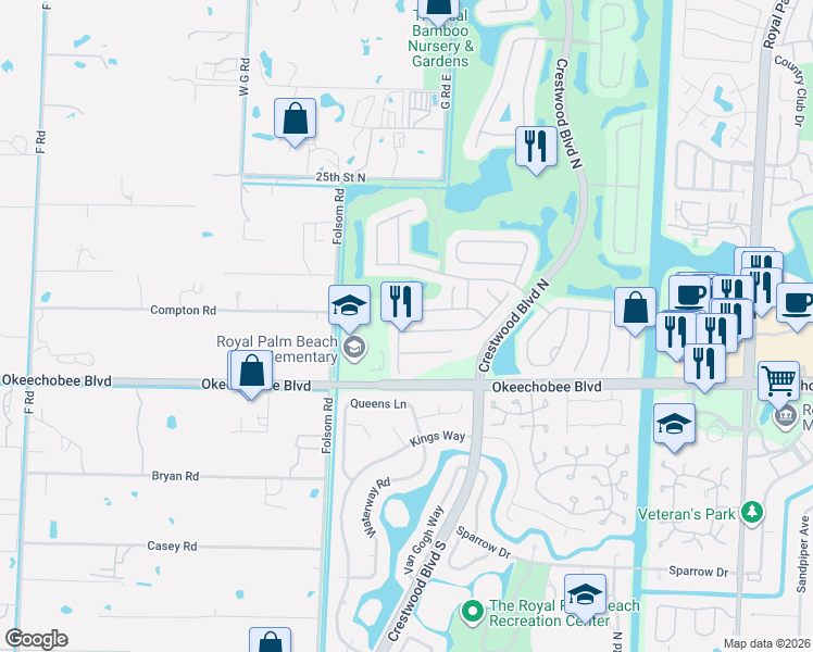 map of restaurants, bars, coffee shops, grocery stores, and more near 1430 Briar Oak Drive in Royal Palm Beach