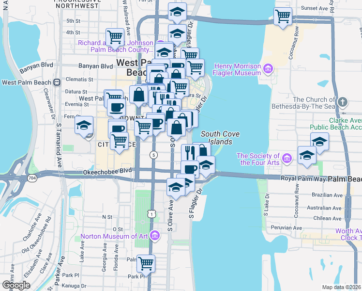 map of restaurants, bars, coffee shops, grocery stores, and more near 509 Federal Highway in West Palm Beach