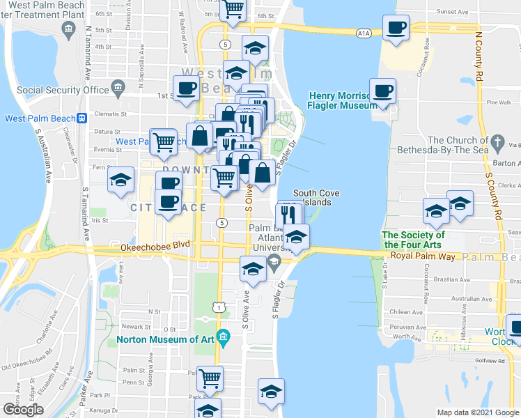 map of restaurants, bars, coffee shops, grocery stores, and more near 509 Federal Highway in West Palm Beach