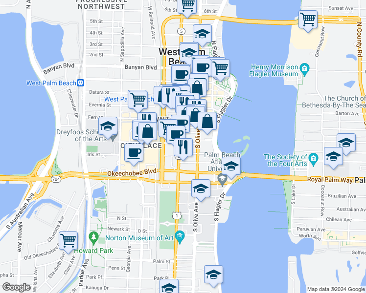 map of restaurants, bars, coffee shops, grocery stores, and more near 510 South Dixie Highway in West Palm Beach
