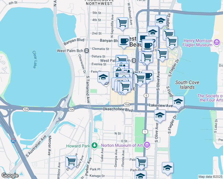 map of restaurants, bars, coffee shops, grocery stores, and more near 630 South Sapodilla Avenue in West Palm Beach