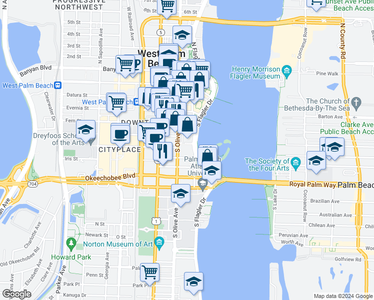 map of restaurants, bars, coffee shops, grocery stores, and more near 501 South Flagler Drive in West Palm Beach