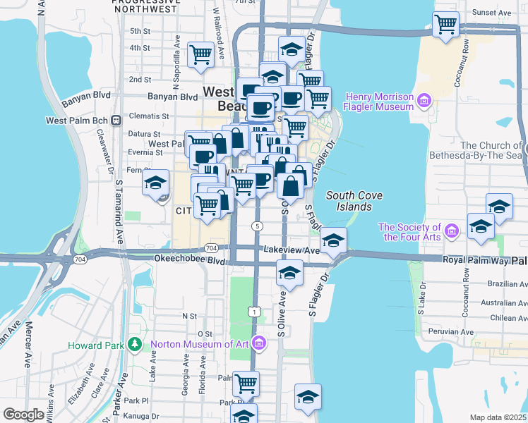 map of restaurants, bars, coffee shops, grocery stores, and more near 510 South Dixie Highway in West Palm Beach
