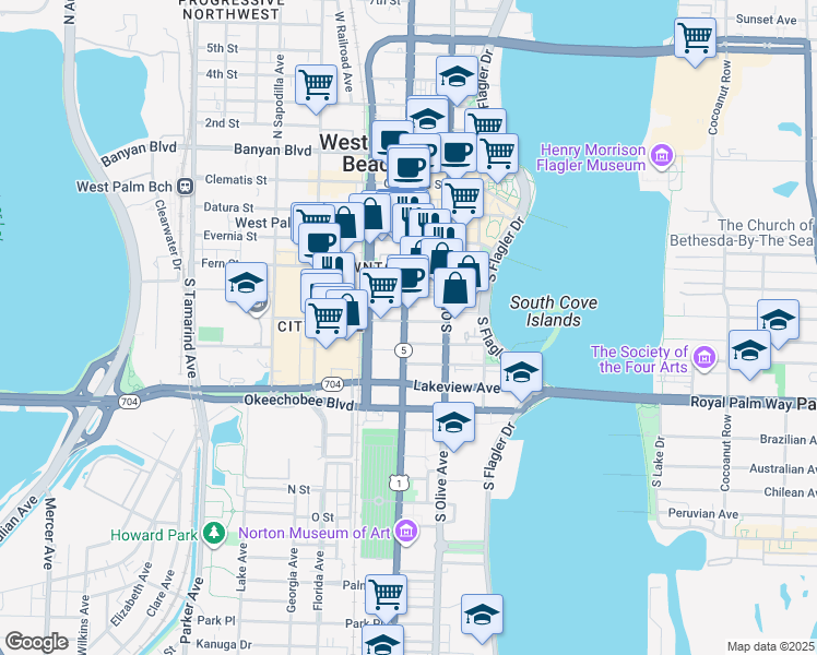 map of restaurants, bars, coffee shops, grocery stores, and more near 510 South Dixie Highway in West Palm Beach