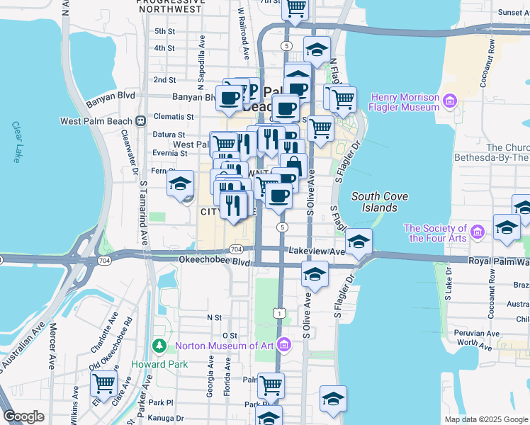 map of restaurants, bars, coffee shops, grocery stores, and more near 550 South Quadrille Boulevard in West Palm Beach