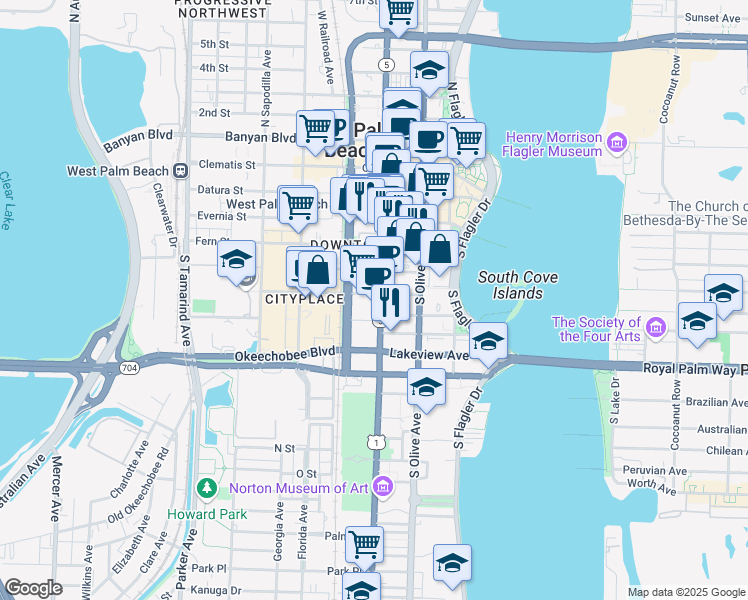 map of restaurants, bars, coffee shops, grocery stores, and more near 510 South Dixie Highway in West Palm Beach