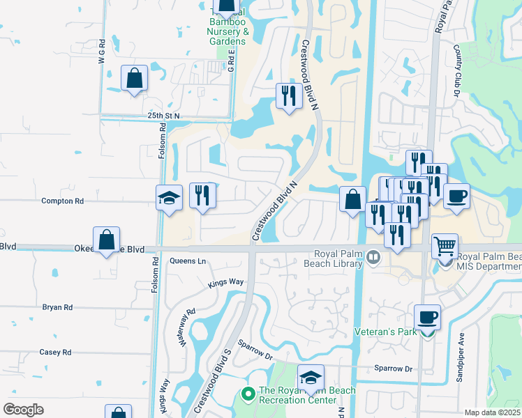 map of restaurants, bars, coffee shops, grocery stores, and more near 1493 Running Oak Lane in Royal Palm Beach