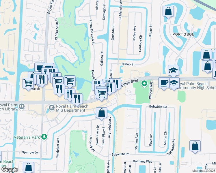 map of restaurants, bars, coffee shops, grocery stores, and more near 105 Barcelona Drive in Royal Palm Beach