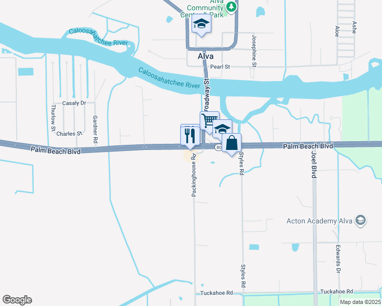 map of restaurants, bars, coffee shops, grocery stores, and more near 21200 Palm Beach Boulevard in Alva