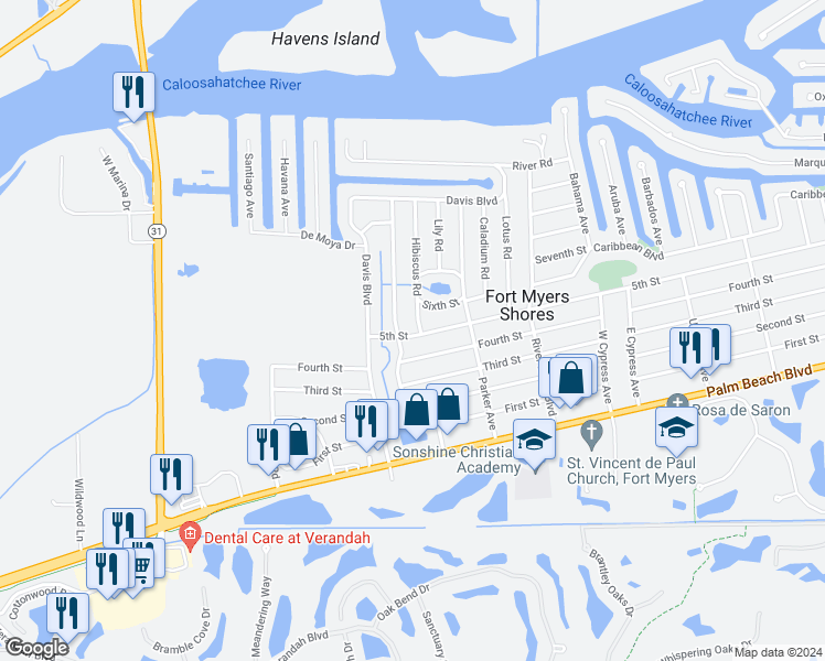 map of restaurants, bars, coffee shops, grocery stores, and more near 12614 5th Street in Fort Myers