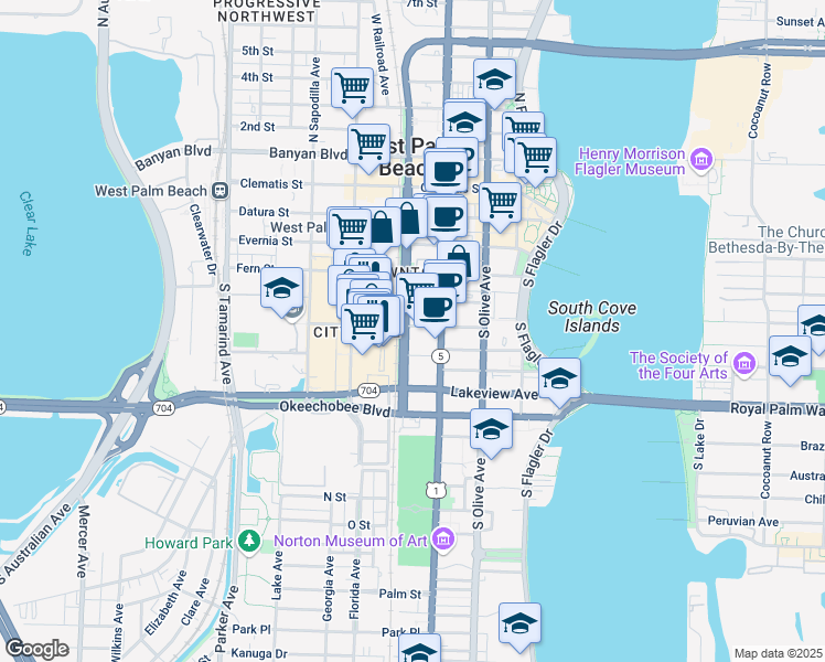 map of restaurants, bars, coffee shops, grocery stores, and more near in West Palm Beach