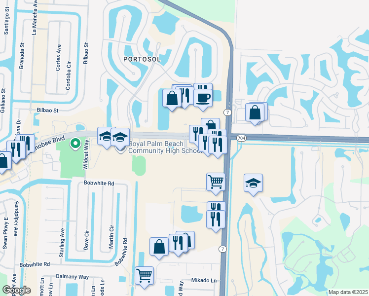 map of restaurants, bars, coffee shops, grocery stores, and more near 10274 Okeechobee Boulevard in Royal Palm Beach
