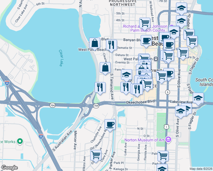 map of restaurants, bars, coffee shops, grocery stores, and more near 500 Clearwater Park Road in West Palm Beach