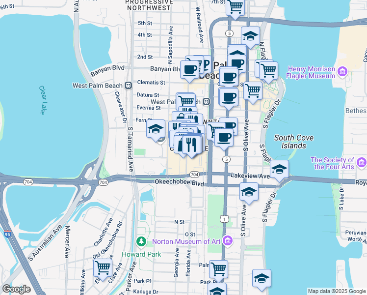 map of restaurants, bars, coffee shops, grocery stores, and more near 701 South Rosemary Avenue in West Palm Beach