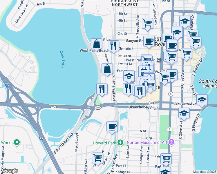 map of restaurants, bars, coffee shops, grocery stores, and more near 616 Clearwater Park Road in West Palm Beach