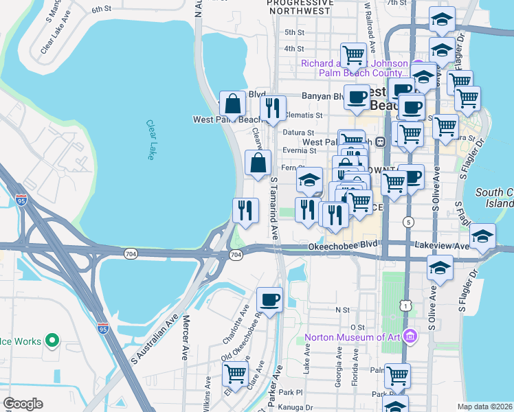 map of restaurants, bars, coffee shops, grocery stores, and more near 616 Clearwater Park Road in West Palm Beach