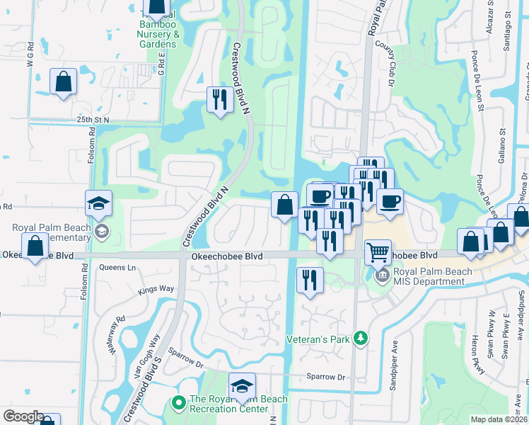map of restaurants, bars, coffee shops, grocery stores, and more near 1327 Isleworth Court in Royal Palm Beach