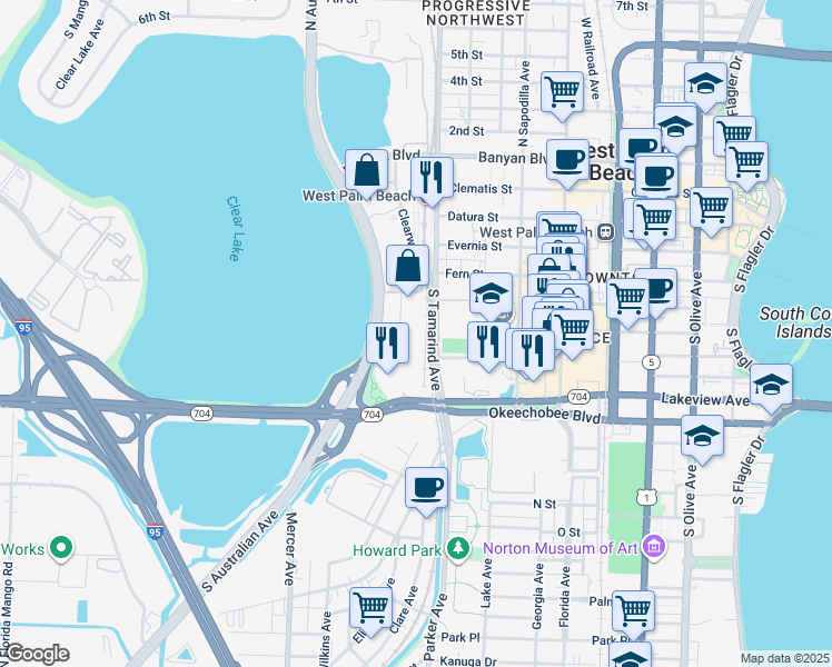 map of restaurants, bars, coffee shops, grocery stores, and more near 500 Clearwater Park Road in West Palm Beach