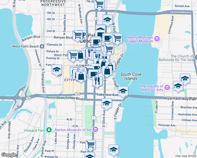 map of restaurants, bars, coffee shops, grocery stores, and more near 364 Hibiscus Street in West Palm Beach
