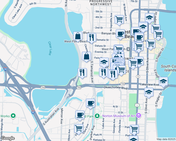 map of restaurants, bars, coffee shops, grocery stores, and more near 500 Clearwater Park Road in West Palm Beach