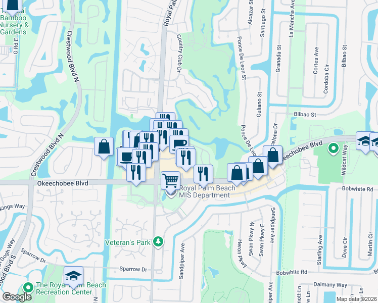map of restaurants, bars, coffee shops, grocery stores, and more near 1400 Lakeview Drive East in Royal Palm Beach