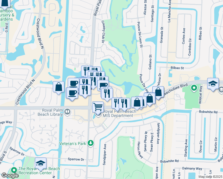map of restaurants, bars, coffee shops, grocery stores, and more near 308 Lakeview Drive East in Royal Palm Beach