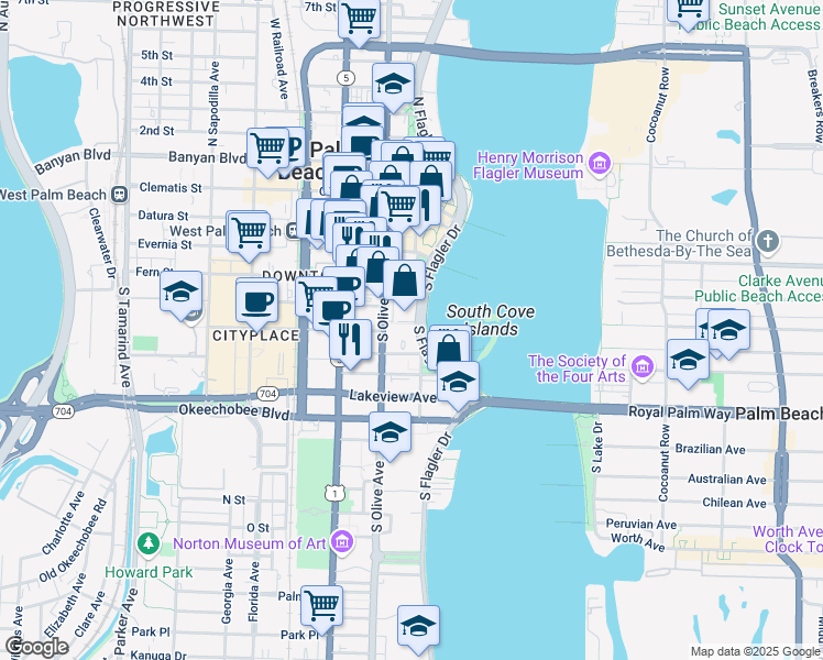 map of restaurants, bars, coffee shops, grocery stores, and more near 501 South Flagler Drive in West Palm Beach