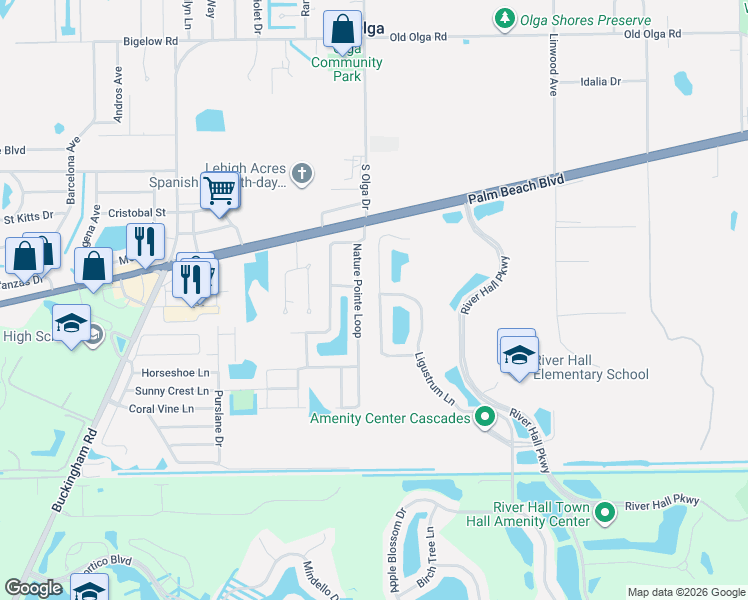 map of restaurants, bars, coffee shops, grocery stores, and more near 2452 Nature Pointe Loop in Fort Myers