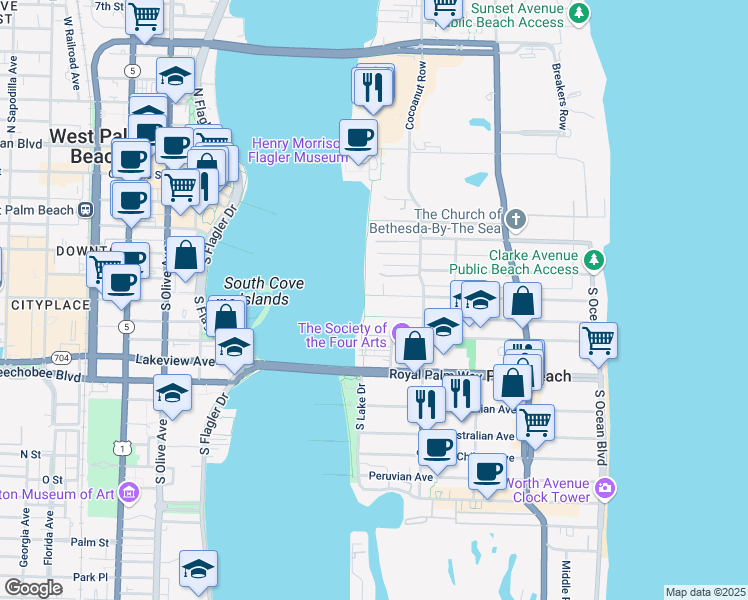 map of restaurants, bars, coffee shops, grocery stores, and more near 203 South Lake Trail in Palm Beach