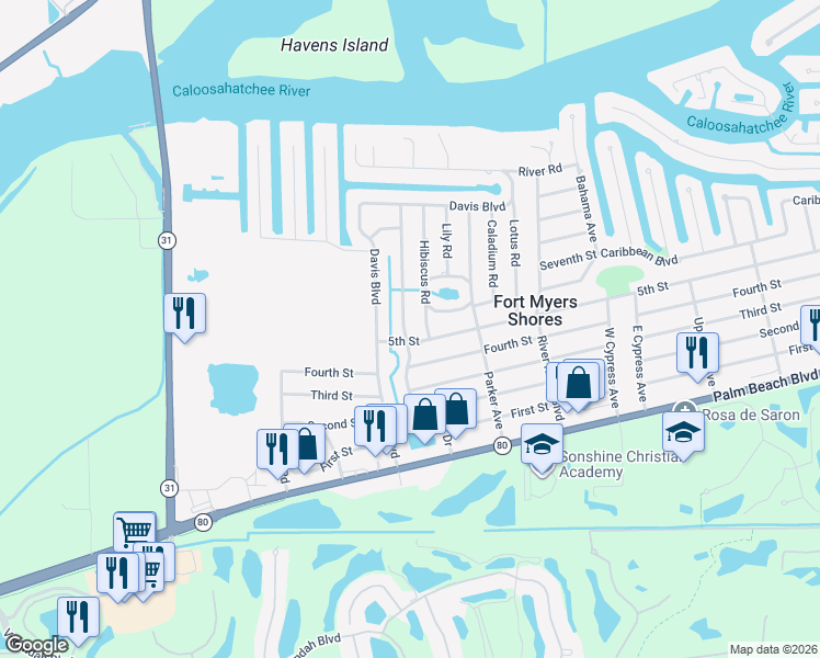 map of restaurants, bars, coffee shops, grocery stores, and more near 2414 Parkview Drive in Fort Myers