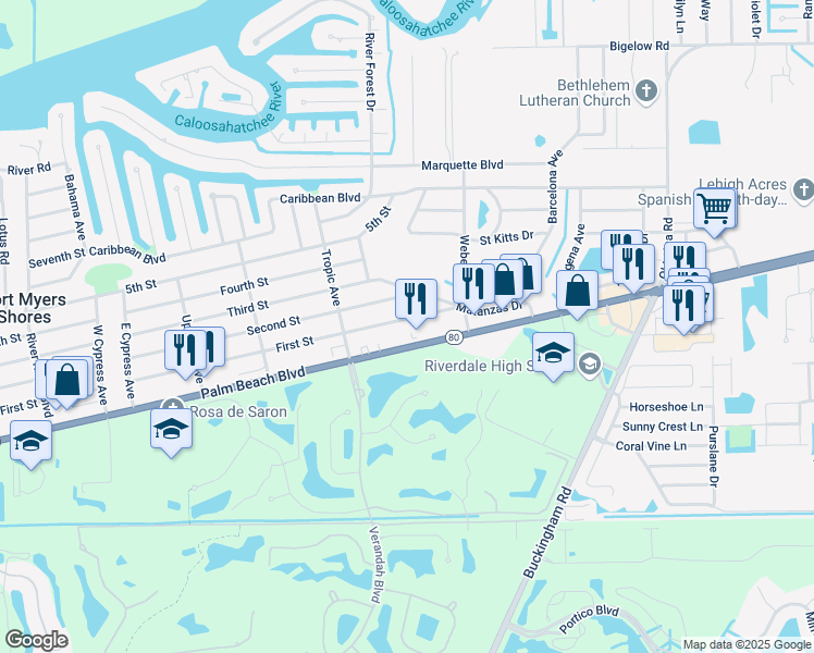 map of restaurants, bars, coffee shops, grocery stores, and more near 13914 First Street in Fort Myers
