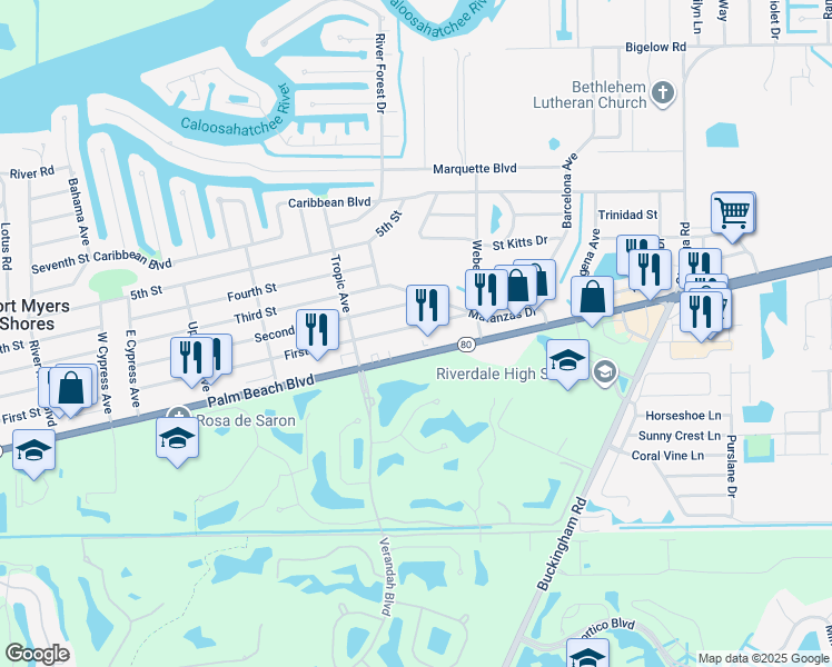 map of restaurants, bars, coffee shops, grocery stores, and more near 13914 First Street in Fort Myers