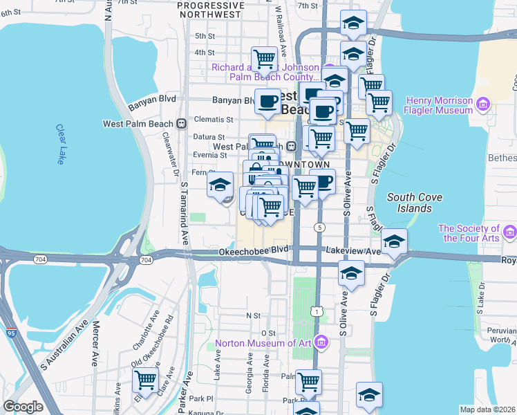 map of restaurants, bars, coffee shops, grocery stores, and more near 619 Hibiscus Street in West Palm Beach