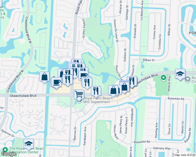 map of restaurants, bars, coffee shops, grocery stores, and more near 1209 Lakeview Drive East in Royal Palm Beach