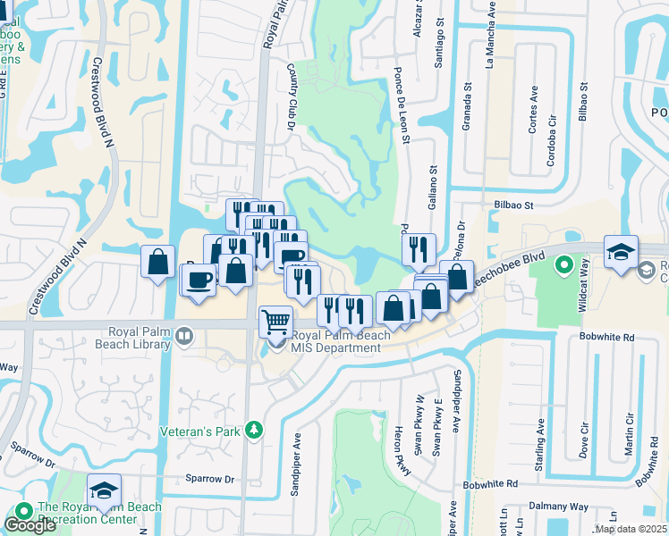 map of restaurants, bars, coffee shops, grocery stores, and more near 1309 Lakeview Drive East in Royal Palm Beach