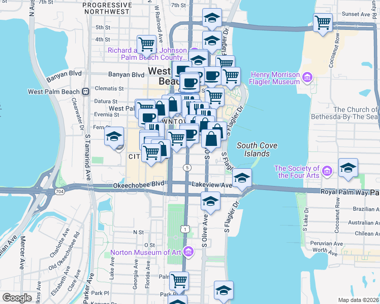 map of restaurants, bars, coffee shops, grocery stores, and more near 510 South Dixie Highway in West Palm Beach