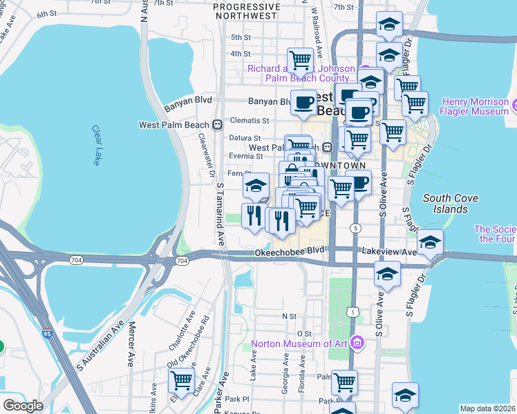 map of restaurants, bars, coffee shops, grocery stores, and more near 501 South Sapodilla Avenue in West Palm Beach