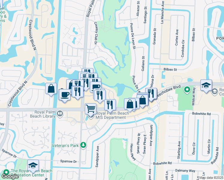 map of restaurants, bars, coffee shops, grocery stores, and more near 101 Lakeview Drive East in Royal Palm Beach