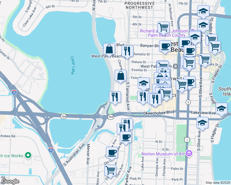 map of restaurants, bars, coffee shops, grocery stores, and more near 550 South Australian Avenue in West Palm Beach