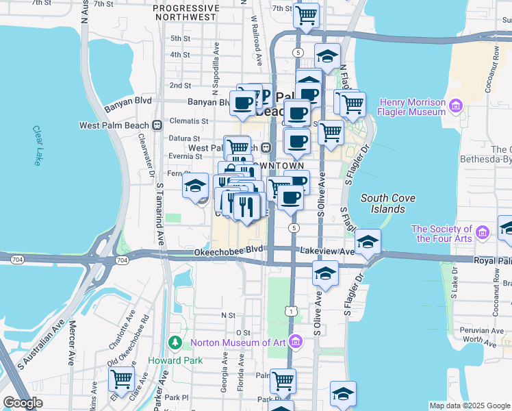 map of restaurants, bars, coffee shops, grocery stores, and more near 170 South Rosemary Avenue in West Palm Beach