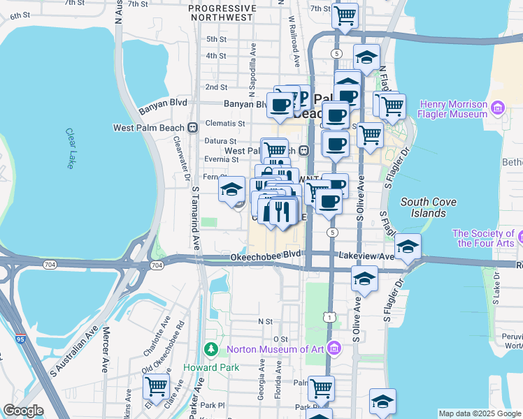 map of restaurants, bars, coffee shops, grocery stores, and more near 659 Hibiscus St in West Palm Beach