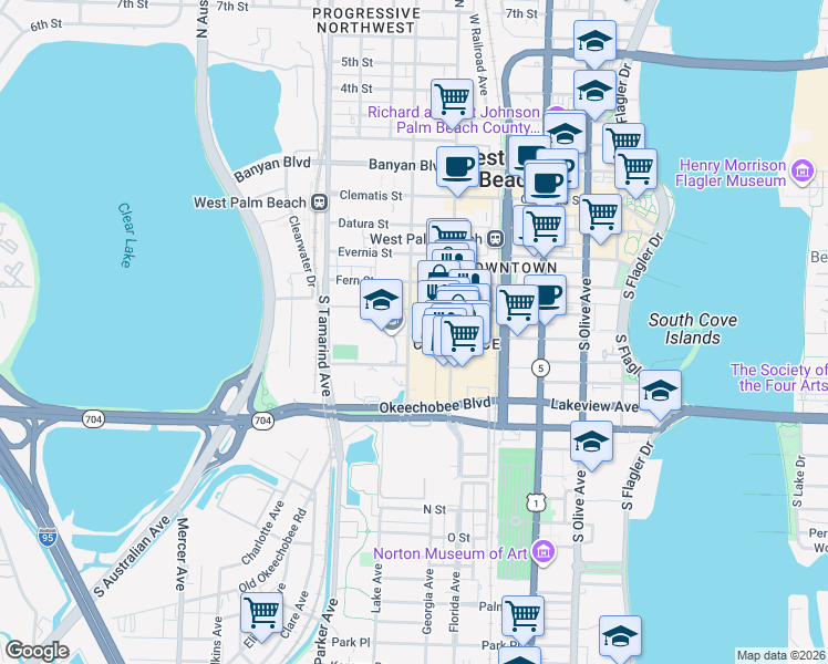 map of restaurants, bars, coffee shops, grocery stores, and more near 659 Hibiscus Street in West Palm Beach